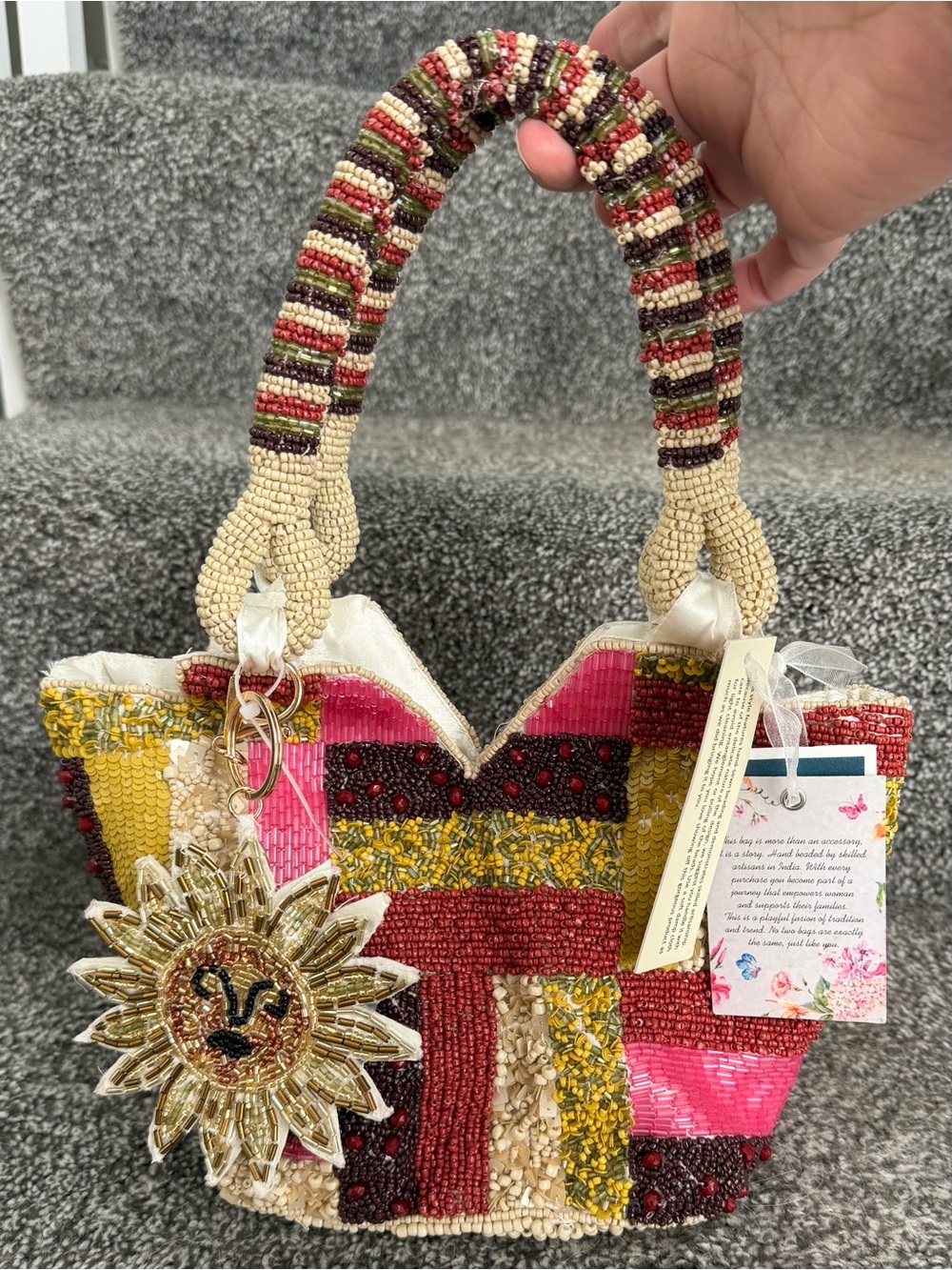 Beaded Patchwork Sun Charm Tote - Pink, Yellow, Brown
